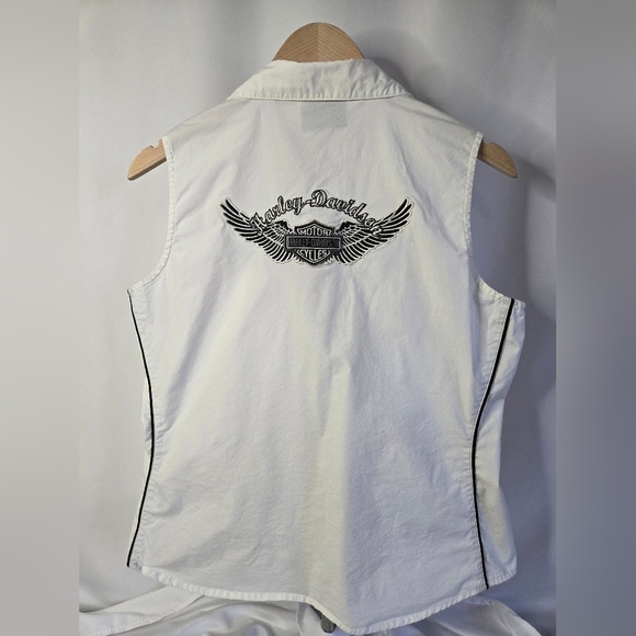 Vintage Harley-Davidson Women’s Sleeveless Button-Up Shirt White HD Wings Logo - Picture 9 of 10
